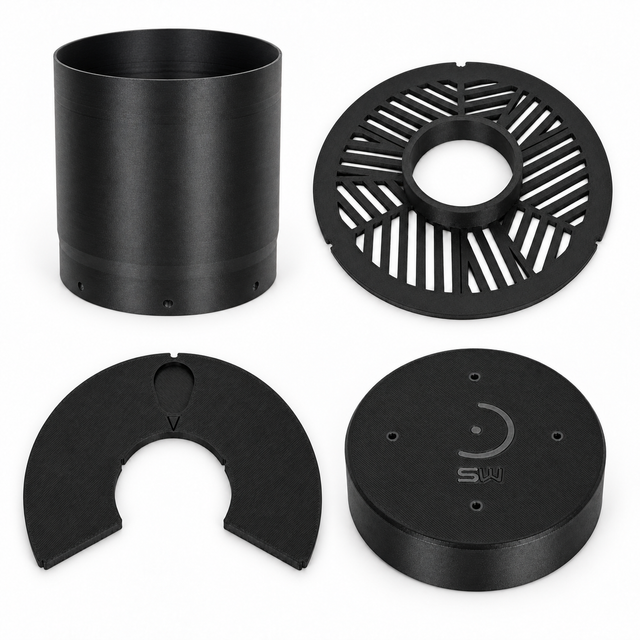 Photographic arrangement of the Complete standard telescope kit: regular unbaffled dew shield, tri-Bahtinov mask, isolation mask and dust cap in Black.