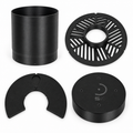 Photographic arrangement of the Complete standard telescope kit: regular unbaffled dew shield, tri-Bahtinov mask, isolation mask and dust cap in Black.