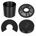 Photographic arrangement of all four included black parts: Premium light-control dew shield, tri-Bahtinov mask, isolation mask and dust cap.