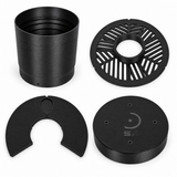 Photographic arrangement of all four included black parts: Premium light-control dew shield, tri-Bahtinov mask, isolation mask and dust cap.