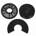 Photographic arrangement of the three included black parts: tri-Bahtinov mask, isolation mask and dust cap.