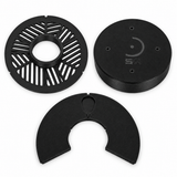 Photographic arrangement of the three included black parts: tri-Bahtinov mask, isolation mask and dust cap.
