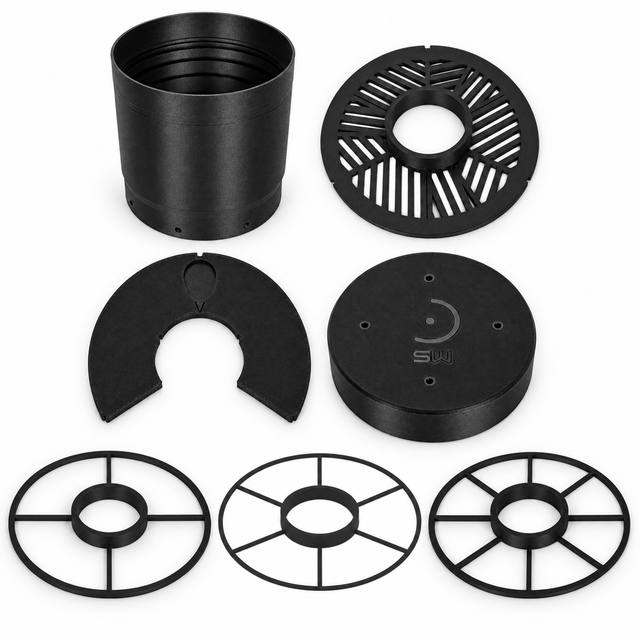 Layout of all seven included black Ultimate Premium parts. Six are photographed components; the 6-point spike mask is a CAD illustration.