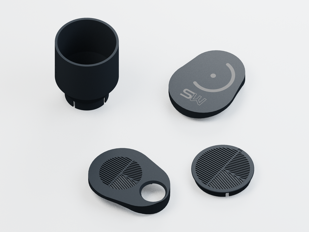 Base accessory kit for Seestar S30 Pro with plain telephoto dew shield, two Bahtinov masks and dust cap; CAD product render