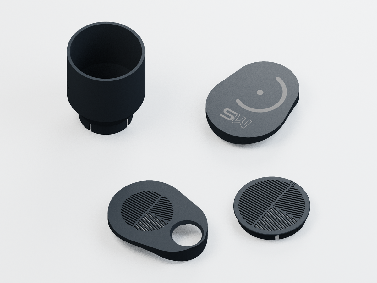 Base accessory kit for Seestar S30 Pro with plain telephoto dew shield, two Bahtinov masks and dust cap; CAD product render