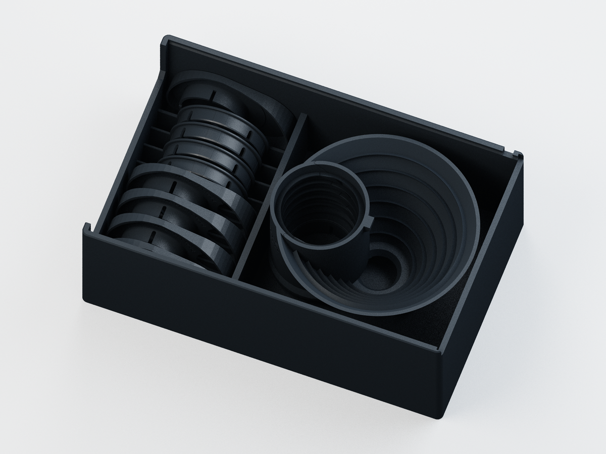 Premium Seestar S30 Pro kit with baffled dual-camera shield and masks inside the fitted storage case; CAD product render