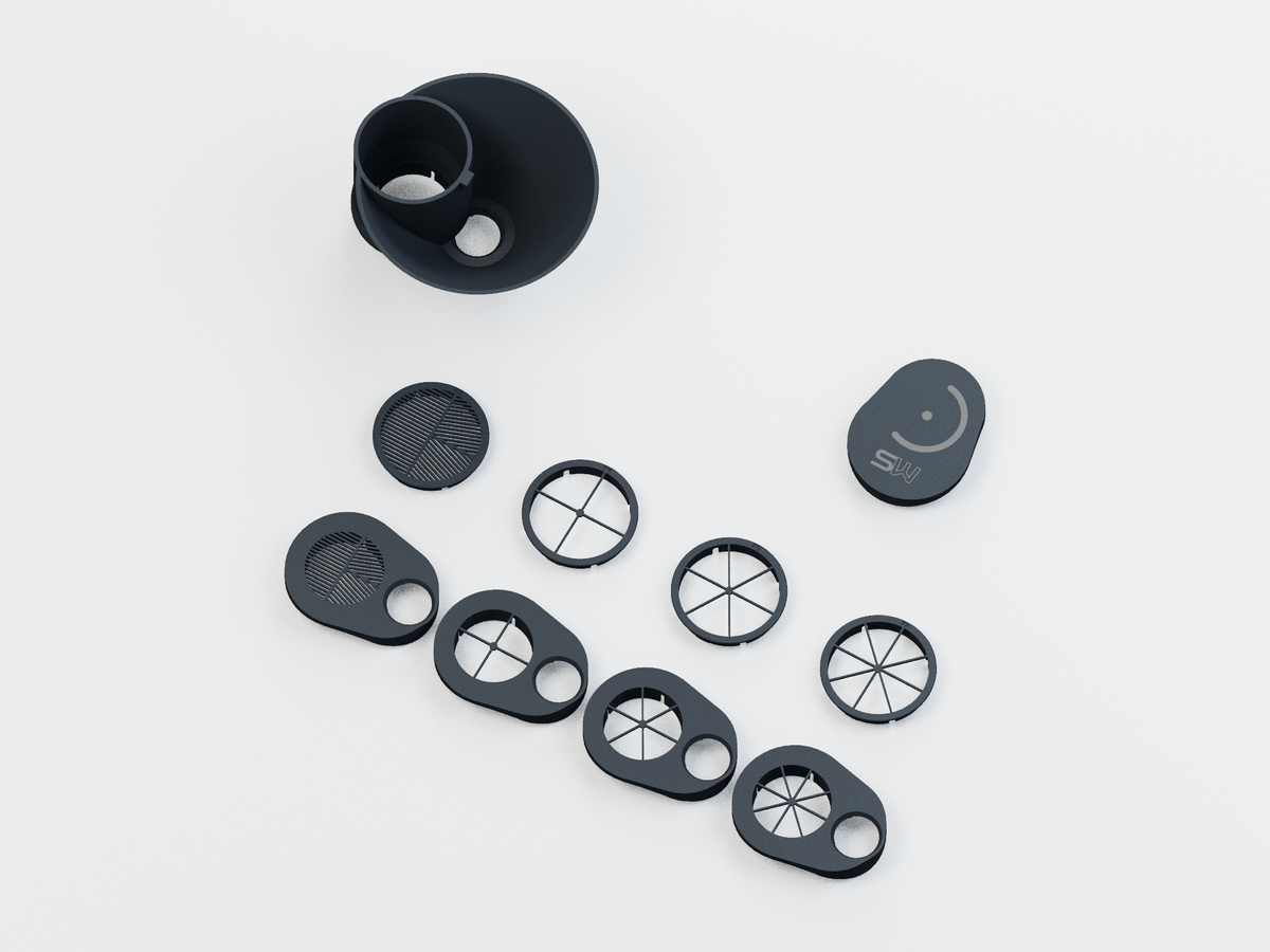 Complete accessory kit for Seestar S30 Pro with dual-camera dew shield, removable divider, eight masks and dust cap; CAD product render