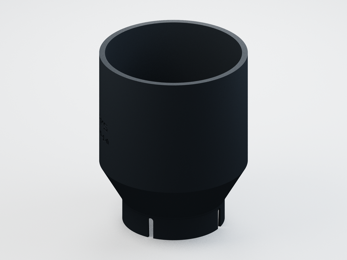 Side view of the direct-fit S30 Pro telephoto dew shield; CAD product render