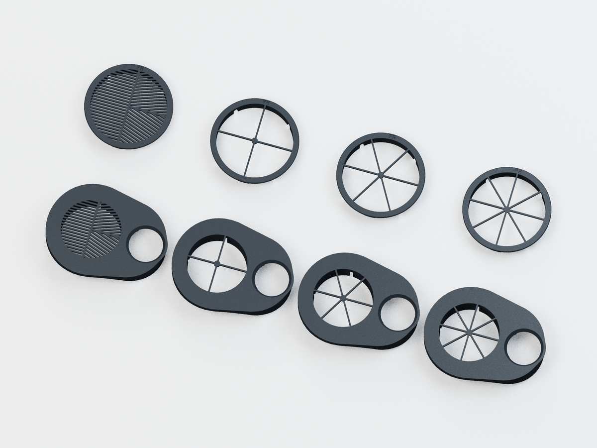 Eight S30 Pro focusing and diffraction masks: Bahtinov and 4, 6 and 8 spike patterns for scope and shield fittings; CAD product render